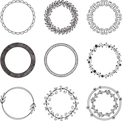 Fototapeta premium Collection of nine circular frames and wreaths with floral and geometric patterns decorative geometric illustration ornament collection template monochrome decoration invitation