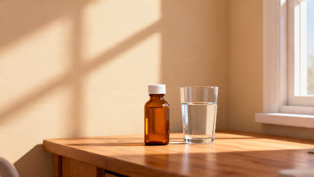 Amber glass medicine bottle with water glass on oak desk