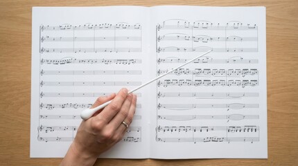 Obraz premium Hand holding a white stick while playing an open book of sheet music