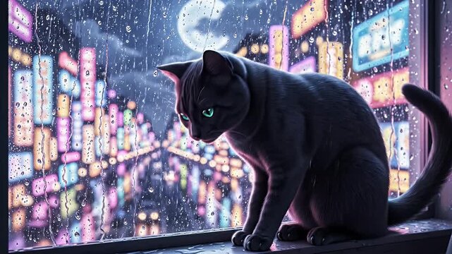 A black cat with green eyes sits on a windowsill looking out at a rainy city at night.