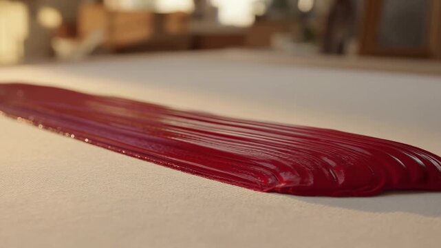 Glossy crimson paint stroke spreading across textured canvas in warm artist studio, wet brush ridges, reflective highlights, and low angle closeup with rich tactile surface detail