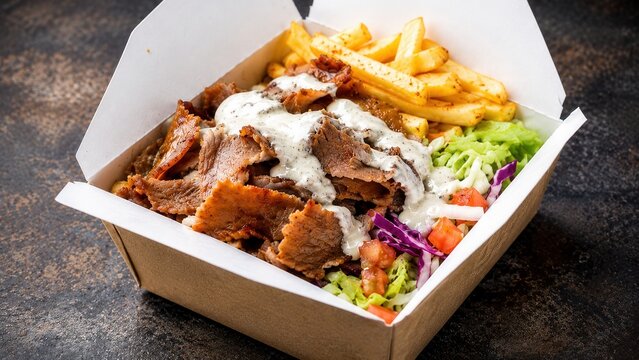 Frisch zubereitete D&ouml;nerbox in offener Verpackung mit w&uuml;rzigem Fleisch, knusprigen Pommes, buntem Salat und cremiger So&szlig;e auf dunklem Restauranttisch.