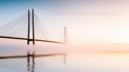 Obraz premium Cable bridge rising through morning fog at sunrise with water reflection for travel poster and architectural background design in soft pastel tones