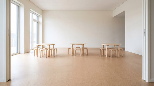 Modern minimalist Scandinavian playgroup classroom interior with wooden furniture and large windows