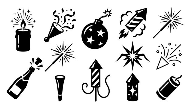 Fireworks Icon Set with Celebratory Sparkles, Bottles, Rockets, Party Poppers, and Smoke Puffs, Monochrome Festive Symbols