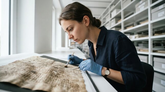 Woman studying old manuscript in library