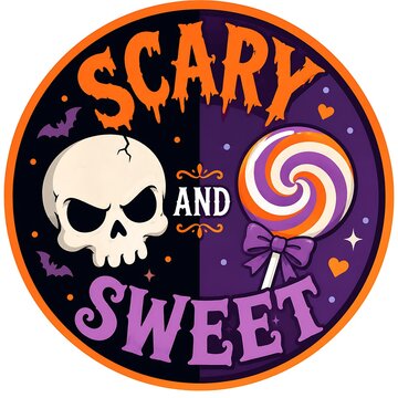 Halloween round badge illustration with scary skull and sweet lollipop candy, spooky greeting emblem sticker design generated by AI