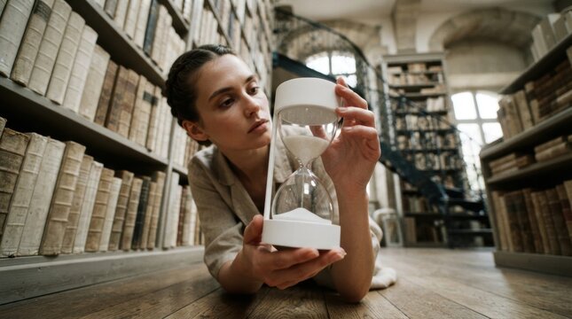 Young woman in library holding clock
