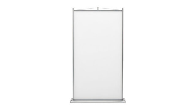 A tall vertical rectangular banner stand with a blank white surface, isolated on a white background, used for trade conferences, and events