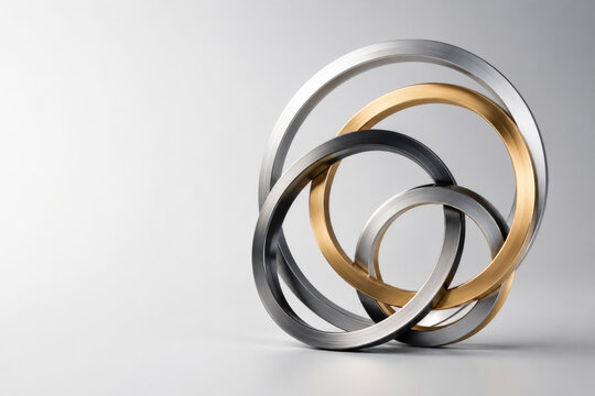 Interlocking metal rings in gold silver and black. Space for text.