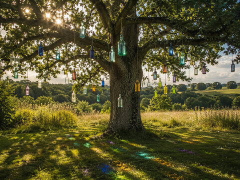 Magical far away bottle tree in a lush garden with hanging lanterns colorful bottles soft sun rays and peaceful countryside charm creating a calm outdoor retreat for rustic summer gatherings
