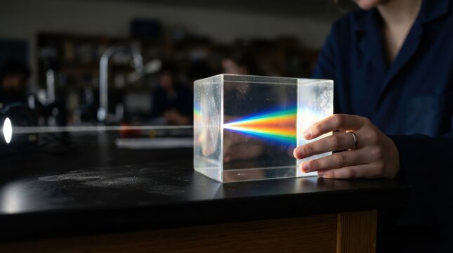 An image of a person holding a transparent box containing a rainbow spectrum