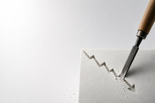 Metal chisel carving a downward arrow in stone. Space for text.