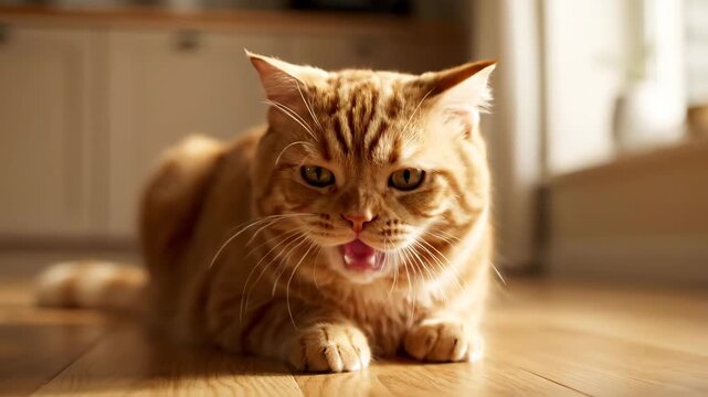 Close-up of the orange cat lying on the ground indoors, the cute moment when the orange cat yawns