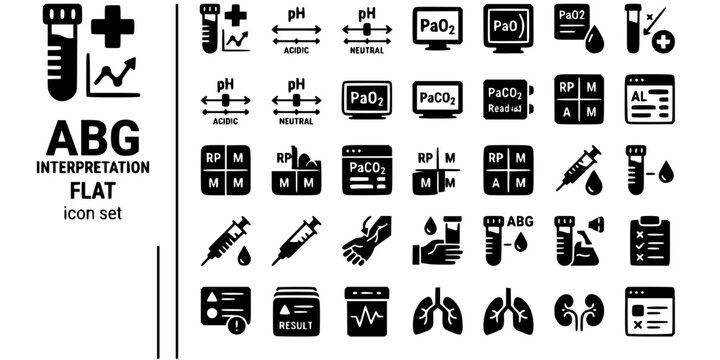 ABG Interpretation Flat Black White-pH PaO2 PaCO2 Acid Base Balance-Blood Gas Vector-ABG Icon Flat-ICU Pulmonary Design Set