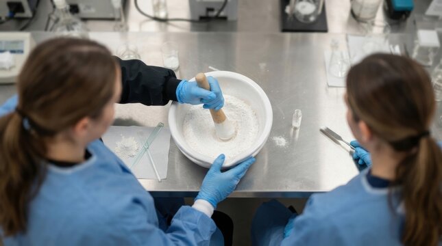 Female chemists in lab coats, making food