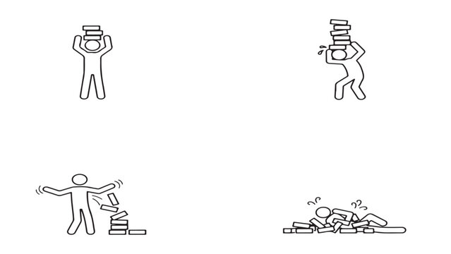 Material Handling Icon Set, Stick Figure Carrying Bricks Load Safety and Workplace Outline Symbols