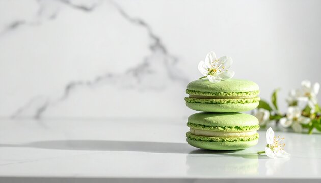 "Stack of green macarons with white flowers on marble surface, symbolizing freshness, purity, and refined minimalism in dessert design."