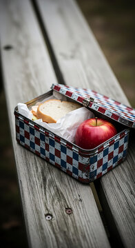 Bento box with sandwich and apple on wooden bench