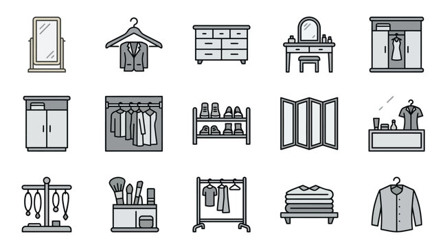 Creative Minimalist Line Drawing Icons Set Featuring Various Closet and Wardrobe Accessories in Monochrome