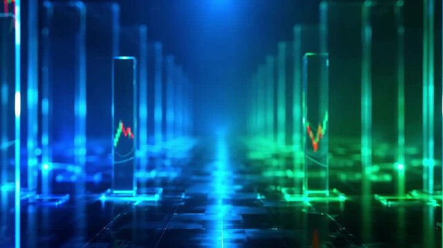 Glass cinematic background Broadcast Intro BG.Broadcast finance, banking and news report.Futuristic technology stock market Modern office hallway with reflective tiled floor and warm ambient 01
