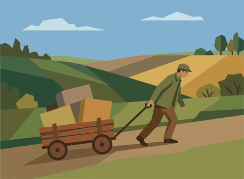 A man struggles with a heavy cart, symbolizing rising commodity prices and consumer inflation. Stylized illustration with a rural landscape backdrop.  Clear, impactful visual.