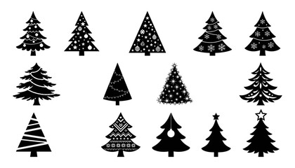 Obraz premium Tree Icon Set with Black and White Christmas Fir Silhouettes for Holiday Decoration and Winter Design Concept