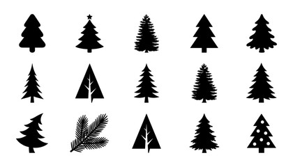 Obraz premium Tree Icons Set of Evergreen Silhouettes with Varied Shapes and Textures for Holiday and Winter Design