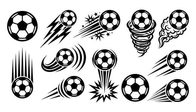 Soccer Ball Icons Set with Energetic Motion Lines, Comic Impact Stars, and Spiral Swirl Effects on White Background