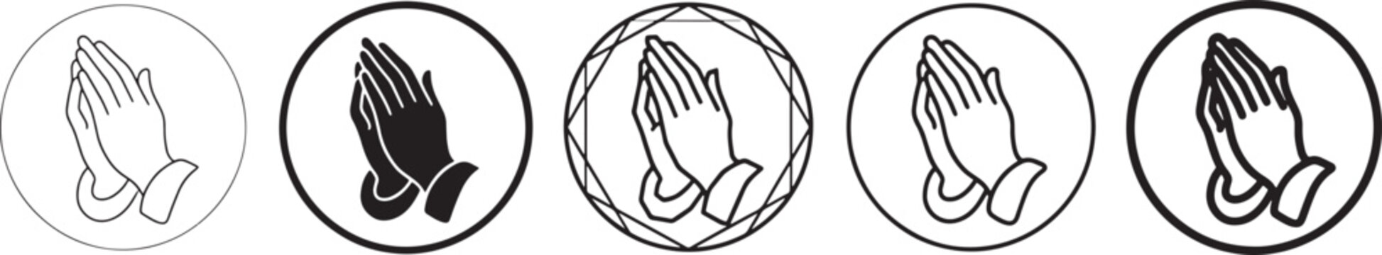 Five different praying hands icon styles in a clean outline design Vector