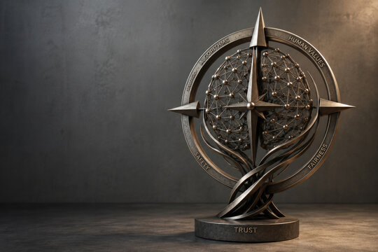 Metal compass sculpture balances algorithms and human values. Space for text.