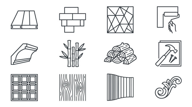Minimalist Black and White Line Icons Set Featuring Roofing Construction Building Materials and Architectural Elements