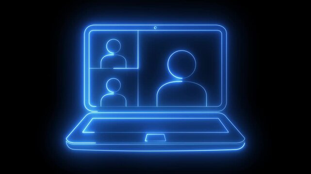 glowing neon video conference icon isolated on black background. Online meeting on laptop screen with three people in video call, remote communication icon. virtual meeting and online work symbols.