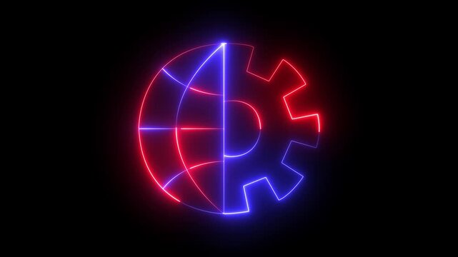 glowing neon globe and gear icon isolated on black background, representing engineering, development, automation, manufacturing, industrial technology, and innovation. 4k video animation.