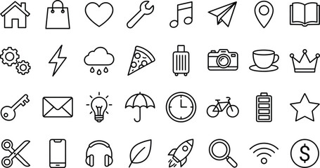 Universal web and user interface linear vector icon set with home shopping cart heart gear and star. © MstLaky