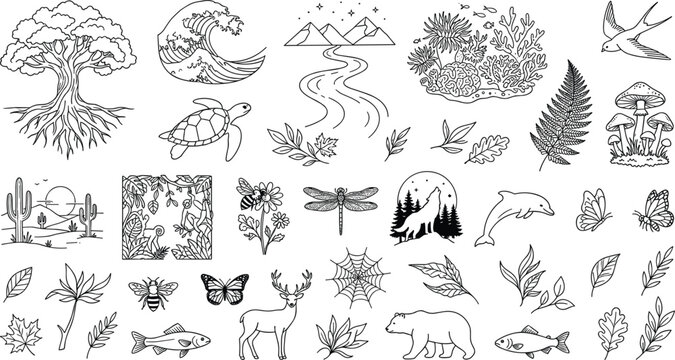Nature wild animals and landscape line art vector icon set with trees mountains wave deer and coral.