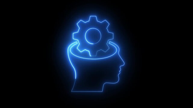 glowing neon Human head silhouette with gear icon isolated on black background, symbolizing logical thinking, brain mechanics, mind settings, artificial intelligence and problem-solving. 4k video.