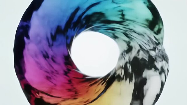 A torus shape with swirling rainbow colors and black and white marbling.