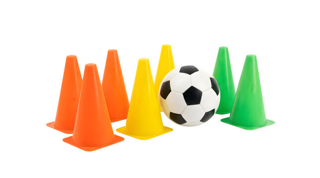 Colorful traffic cones and a soccer ball on transparent background for sports training