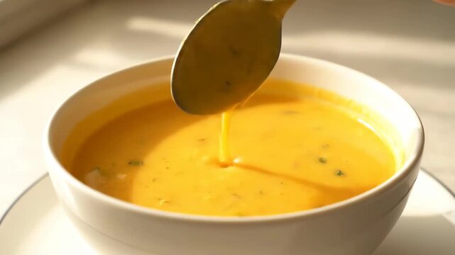 Grab a spoon to scoop soup from a bowl and scoop pumpkin puree in the sun