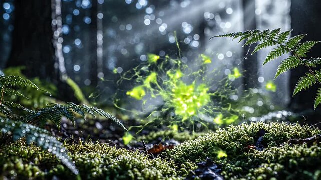 Magical forest floor with glowing fireflies and ferns.