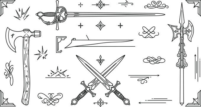 Medieval weapons vector element set featuring crossed daggers rapier sword battle axe halberd spear and filigree flourishes