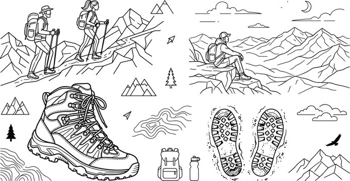Mountain hiking adventure vector element set featuring hikers climbing boot footprint trail peaks backpack and topographical map