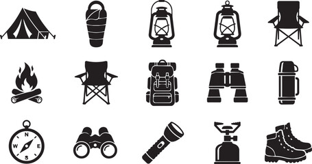 Camping icons, outdoor adventure symbols, travel graphics, black silhouette illustrations © MHK