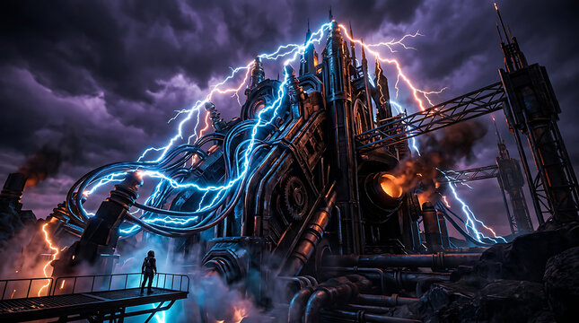 Lone observer watching massive futuristic power plant with lightning arcs sci fi observation futuristic industrial electricity lightning technology machinery dystopian structure electric