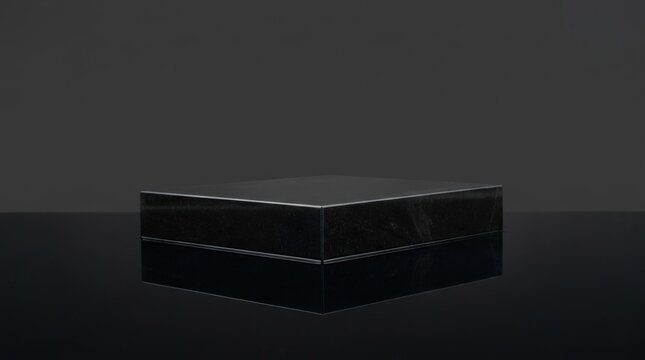 Black marble cube on reflective black surface with dark gray background ideal for luxury product display and high end presentation
