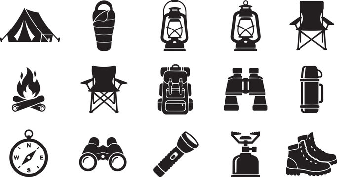 Camping icons, outdoor adventure symbols, travel graphics, black silhouette illustrations