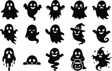 Obraz premium Ghost Silhouette Icon Set Black Shapes On White Background For Halloween Designs