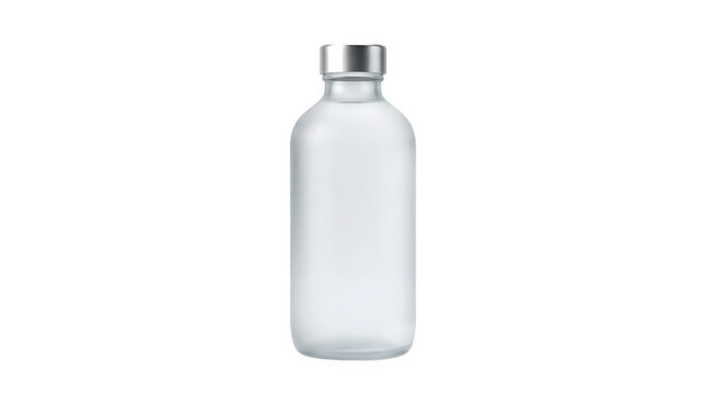 A clear glass bottle with a silver cap on a transparent background