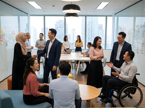 Multinational people collaborating and smiling in a modern office setting with a city view.